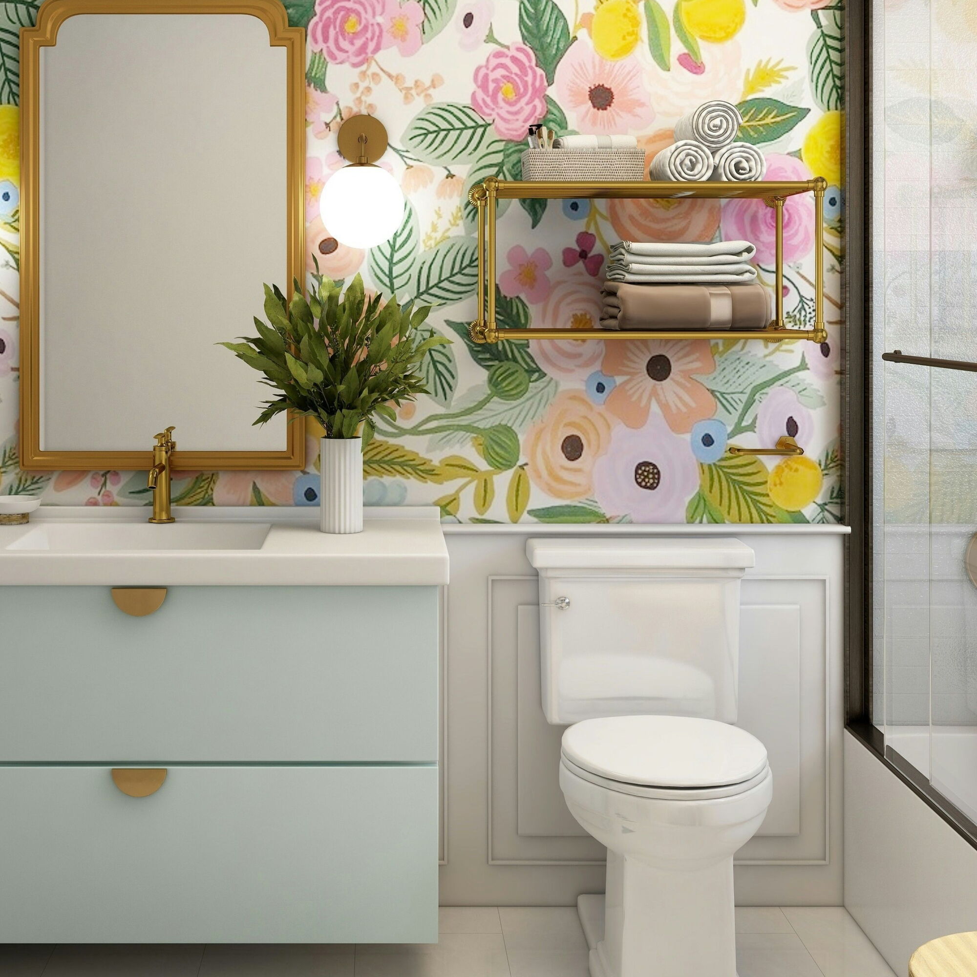 Colorful bathroom with floral wall, pastel vanity, and gold fixtures.