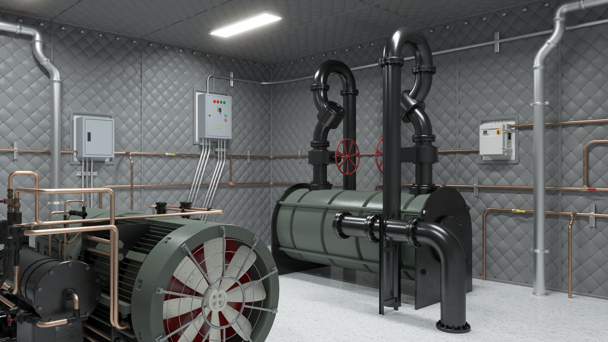 Mechanical room with Quilted Fiberglass sound absorbers