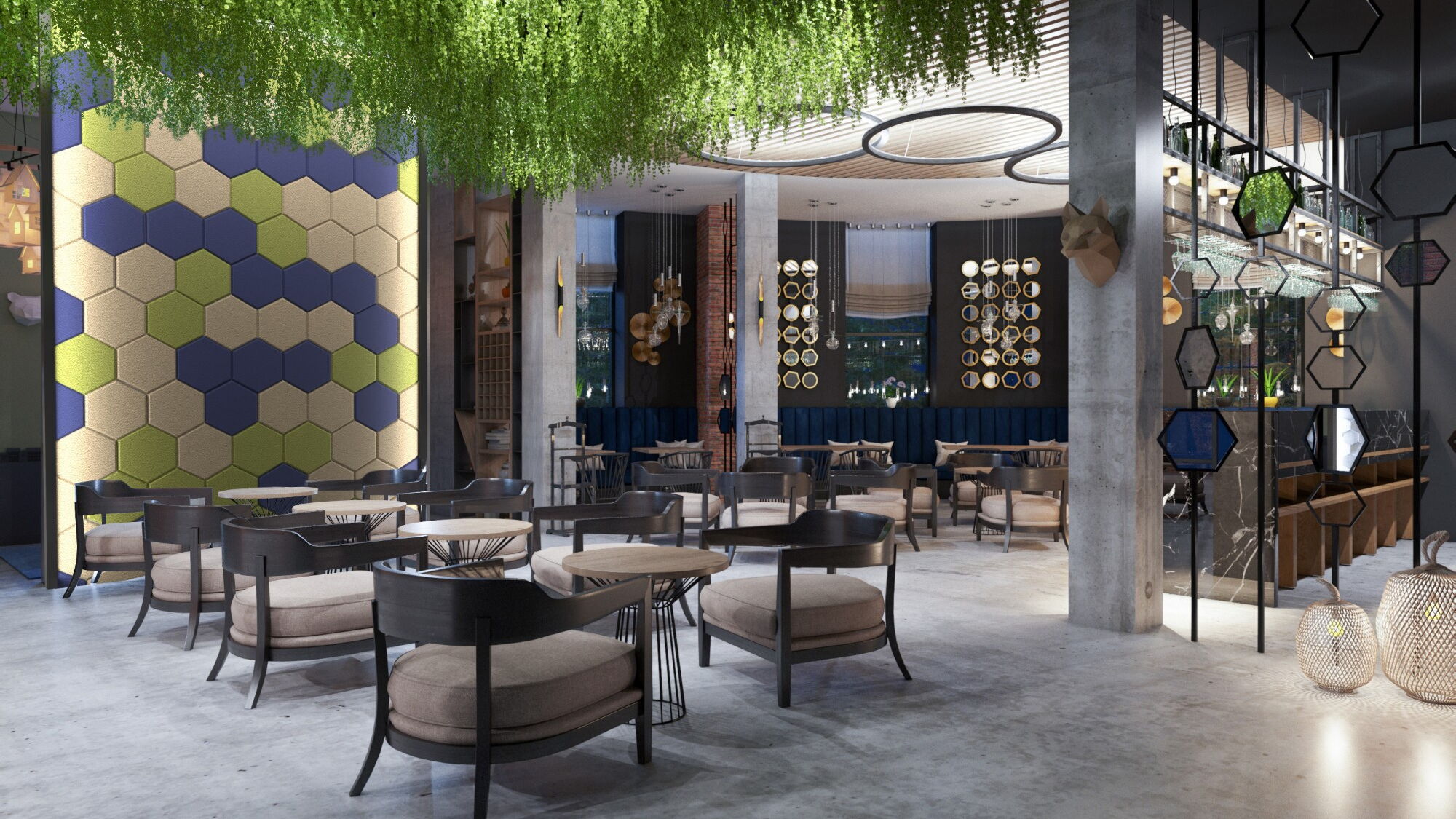 6 Hexagon Wall Panels - Render - Restaurant