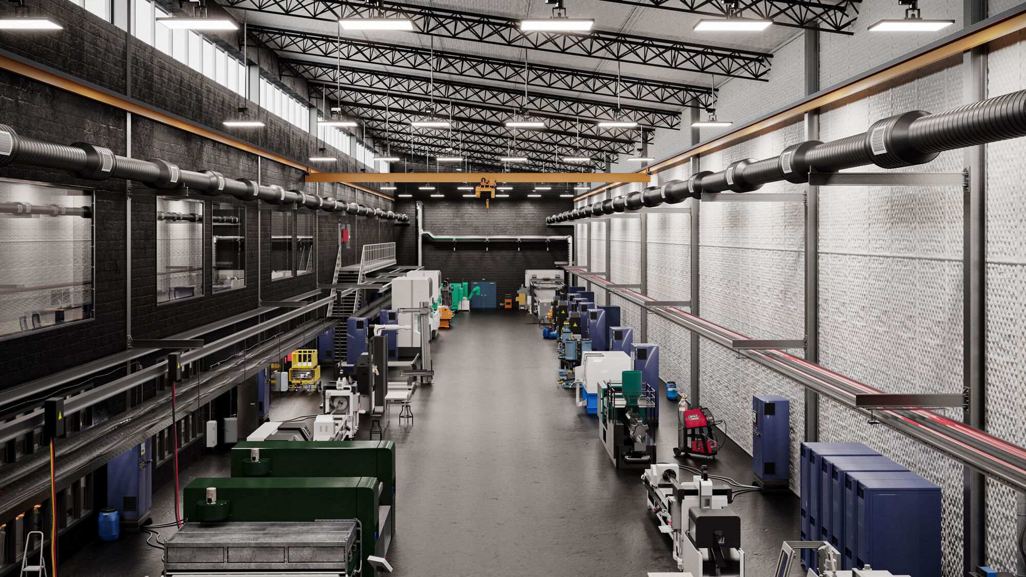 Quilted Fiberglass sound absorbers in a factory